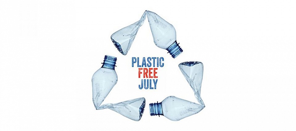 three water bottles in the reduce, reuse and recycle symbol with the text, plastic free July in the middle